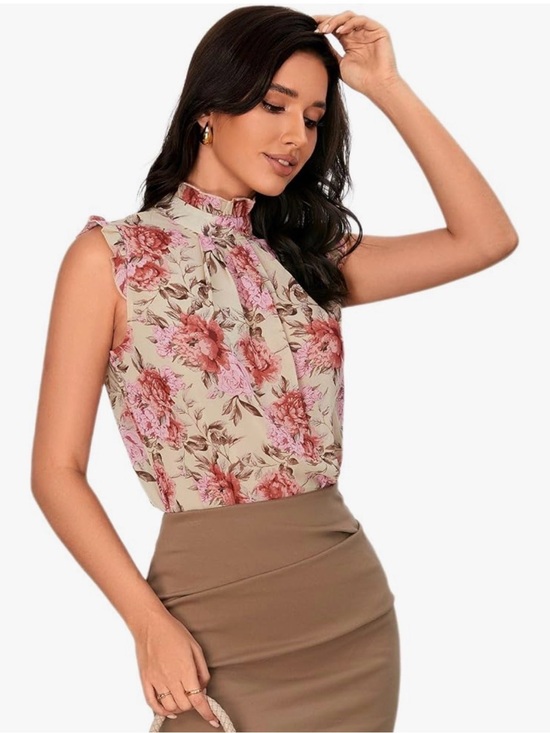 Amazon Tops - Amazon Floral Mock Neck Sleeveless Blouse - Pink on Cream